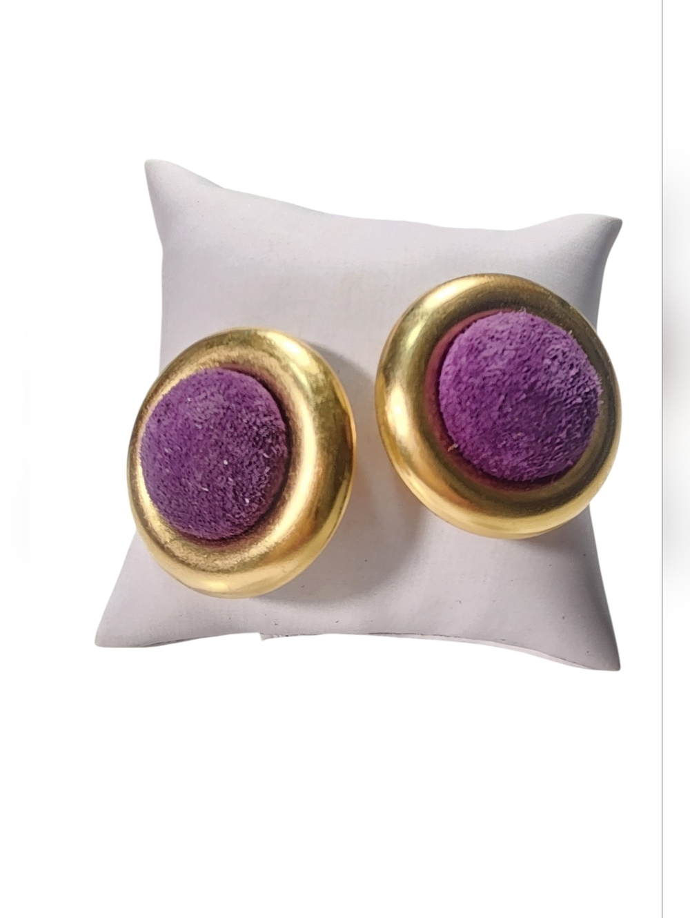Vintage Gold-Tone Clip Earrings with Purple Velvet Center